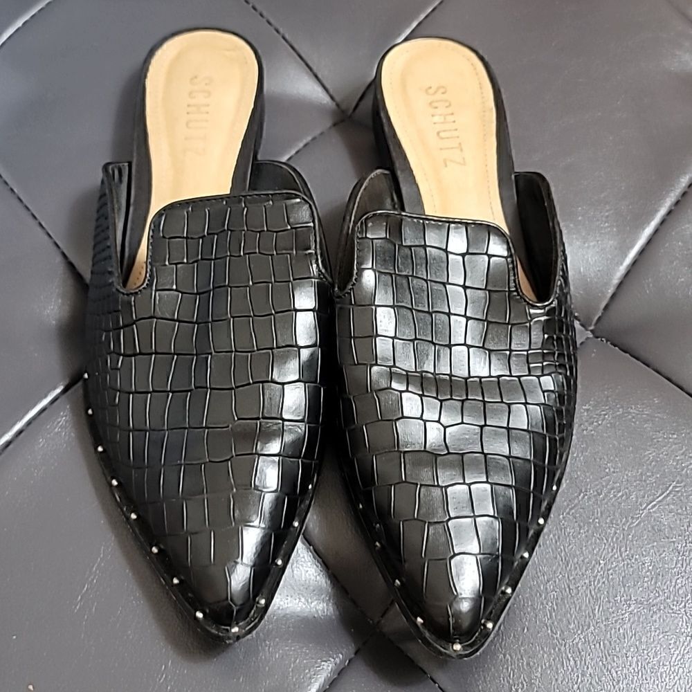Schutz Tae Black Croco Leather Flat Pointy Toe Mule Slide Sandals